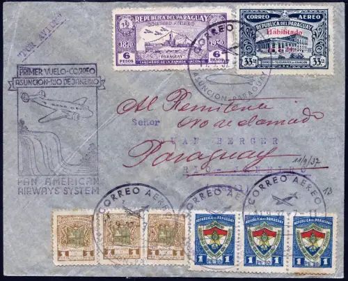Paraguay 1937 Reko-Erstflugbrief FFC Luftpost Brasilien via PAA + Retour / 1051