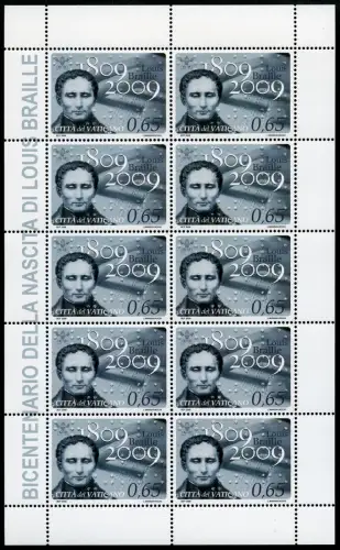 Vatikan Vatican 2009 Louis Braille Blindenschrift 1657 Kleinbogen MNH