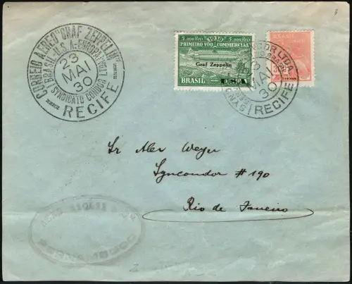 Zeppelin 1930 Brasilien SAF Brief MiF ZP 4 Recife Rio de Janeiro Si 59 D / 2438