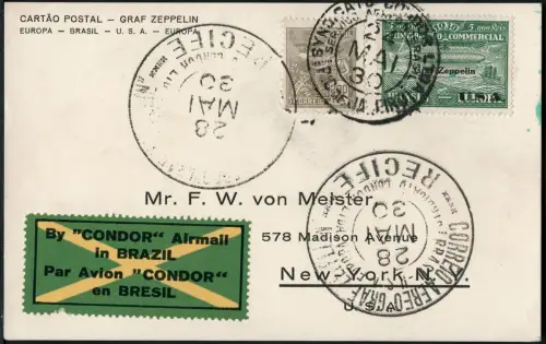 Zeppelin 1930 Brasilien SAF Karte MiF ZP 4 Rio de Janeiro New York Si 59 D/ 2439