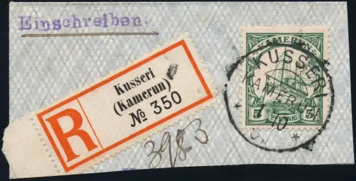 Kamerun 1905 Michel 8 ° Kusseri 1/10 Luxus-Briefstück mit R-Zettel / 10
