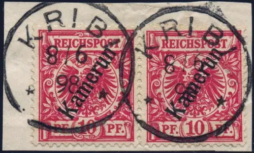 Kamerun 1898 Michel 3 a Paar  ° Kribi 8/6/98 Briefstück Luxus Geprüft BPP / 75