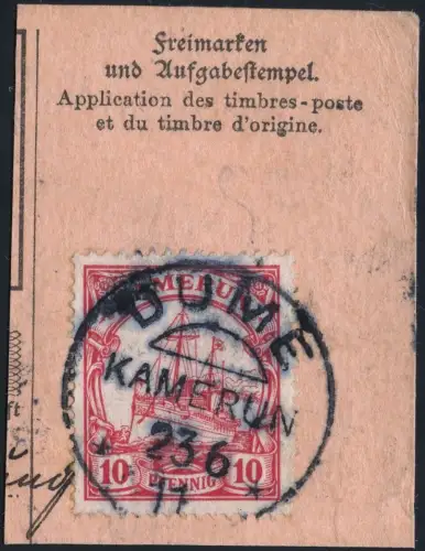 Kamerun 1911 Michel 22 ° Dume 23/6/11 Briefstück/Postanweisung / 28