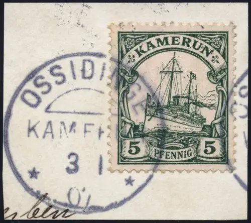 Kamerun 1907 Michel 21 ° Ossidinge 3/1/07 Briefstück Luxus Dr. Steuer VÖB / 58