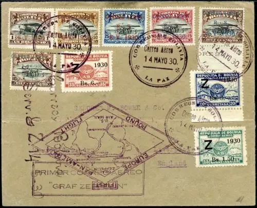 Zeppelin Bolivien 1930 Südamerikafahrt La Paz Liverpool England Si 60 D/1456 RAR
