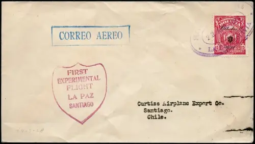 Bolivien Bolivia 1928 Erstflugbrief Santiago Chile Early First Flight Cover / 92