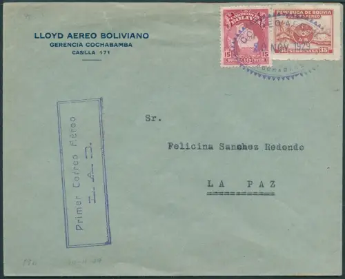 Bolivien Bolivia 1929 Erstflugbrief Inland Early First Flight Cover La Paz / 95