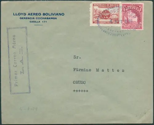 Bolivien Bolivia 1929 Erstflugbrief Inland Early First Flight Cover Oruro / 94