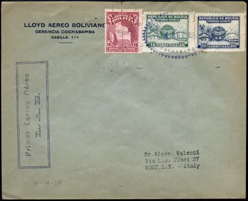 Bolivien Bolivia 1929 Erstflugbrief Early First Flight Cover Rom Italien / 93