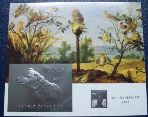 Guyana 1994 Jahr des Hundes Eule Vögel Gemälde Dog Owl Bird Silber Block 384 MNH