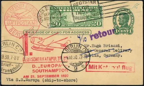 Katapult 1930 USA Karte NY Landpost MiF Dt. Reich Berlin Catapult H 32 a / 1058