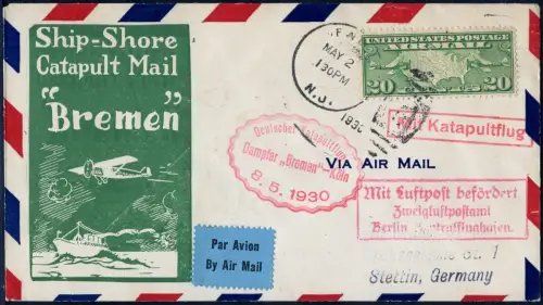 Katapult 1930 USA Brief Cachet NJ Landpost EF Stettin Catapult H 11 a / 1059