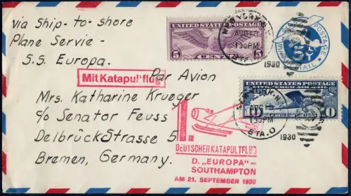 Katapult 1930 USA Brief NY Landpost Dampfer Europa Bremen Catapult H 32 a / 1060