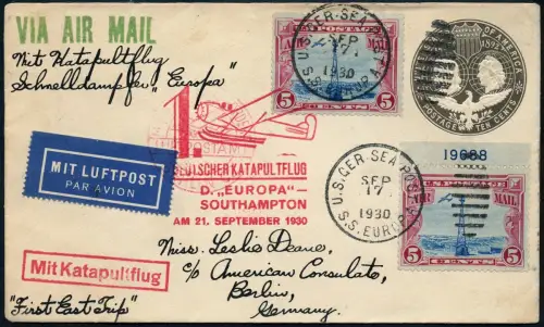 Katapult 1930 USA Brief Seepost Dampfer Europa Berlin Catapult H 32 b / 1061