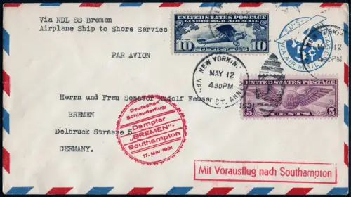 Katapult 1931 USA Brief New York Landpost Bremen Catapult H 42 a / 1062