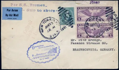 Katapult 1931 USA Brief New York Landpost Braunschweig Catapult H 47 a/ 1066