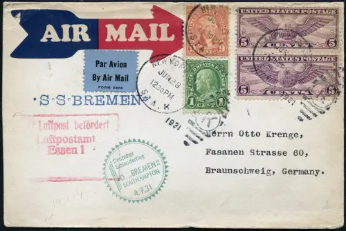 Katapult 1931 USA Brief New York Landpost Braunschweig Catapult H 53 a / 1068