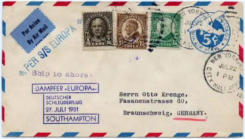 Katapult 1931 USA Brief New York Landpost Braunschweig Catapult H 60 a / 1070