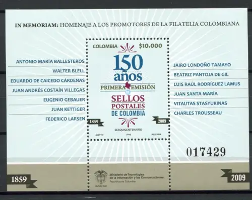 Kolumbien Colombia 2009 150 Jahre Briefmarken Stamps Block 76 MNH