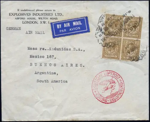 Katapult 1934 GB Brief Viererblock 4/- London Argentinien Catapult H 336 / 1072
