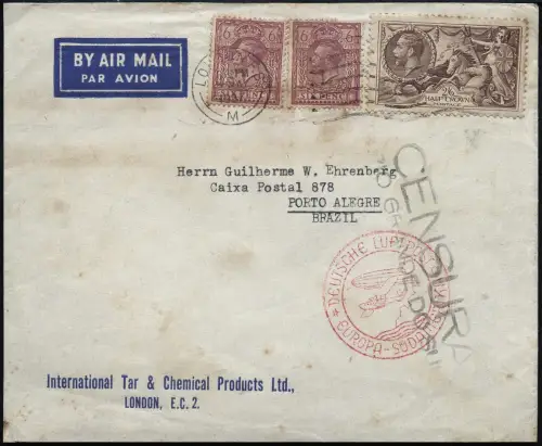 Katapult 1937 GB Brief MiF Seahorse 2/6 Brasilien Zensur Catapult H 539 / 1076