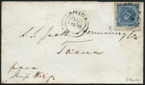 Peru 1858 Brief 1 Dinero EF Britische Auslandspost Arica nach Tacna / 25 RAR