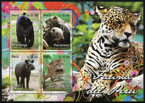 Peru 2014 Tiere Wildkatze Leopard Tapir Panther Pacarana Wild Cats Block MNH