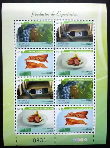 Uruguay 2013 Export Wirtschaft Wein Weintrauben Fleisch Wine ZD-Kleinbogen MNH