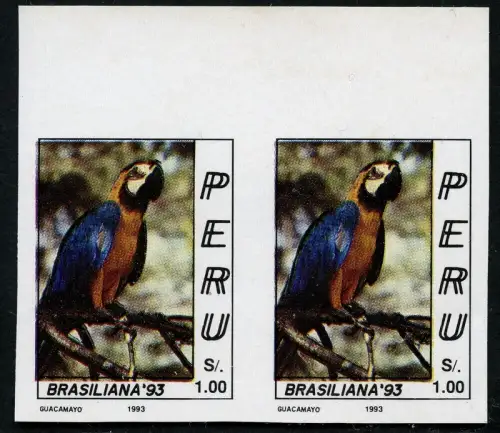 Peru 1993 AMIFIL Ararauna Vogel Manu-Reservat 1495 U Imperf Paar MNH / 501