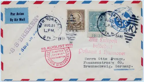 Katapult 1931 USA Brief New York Landpost Braunschweig Catapult H 66 a / 1080
