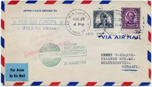 Katapult 1931 USA Brief New York Landpost Braunschweig Catapult H 67 a / 1081