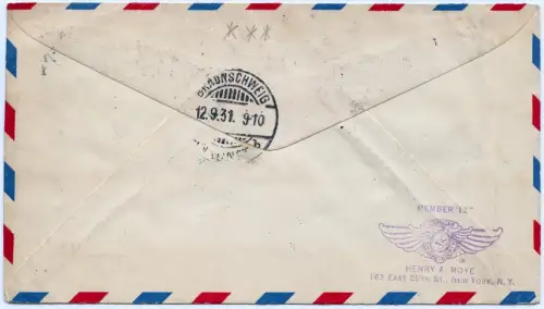 Katapult 1931 USA Brief New York Landpost Braunschweig Catapult H 70 a / 1082