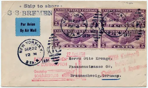 Katapult 1931 USA Brief New York Landpost Braunschweig Catapult H 73 a / 1083