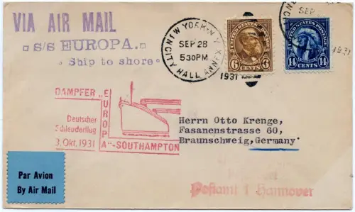 Katapult 1931 USA Brief New York Landpost Braunschweig Catapult H 75 a / 1084