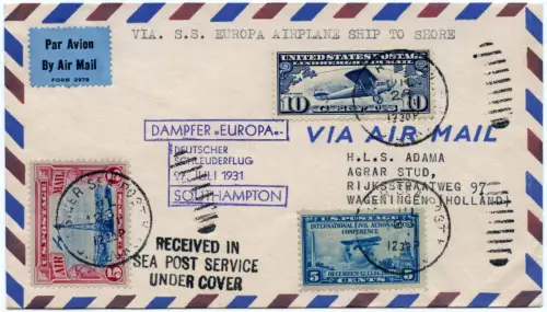 Katapult 1931 USA Brief Seepost Wageningen Niederlande Catapult H 60 b / 1086
