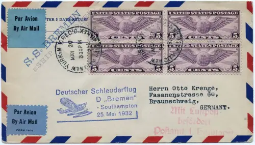 Katapult 1932 USA Brief New York Landpost Braunschweig Catapult H 80 a / 1088