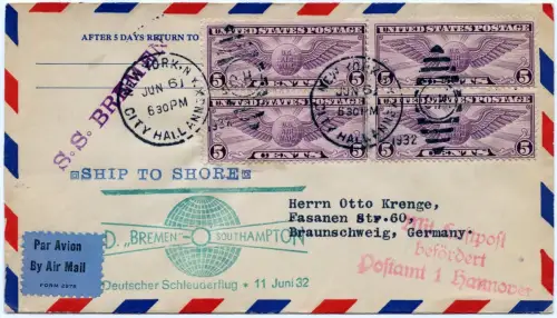 Katapult 1932 USA Brief New York Landpost Deutschland Catapult H 84 a / 1090
