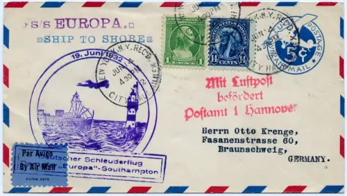 Katapult 1932 USA Ganzsache ZuF Landpost NY Deutschland Catapult H 86 a / 1091