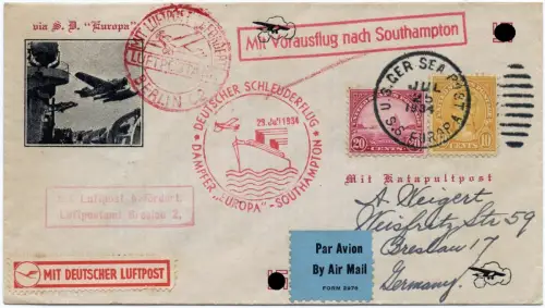 Katapult 1934 USA Vordruck-Brief Europa Seepost Breslau Catapult H 168 b / 1093
