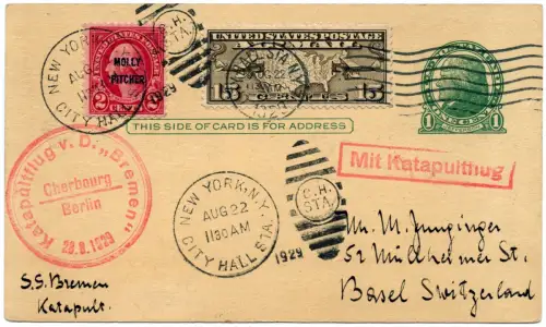 Katapult 1929 USA Ganzsache ZuF New York Basel Schweiz Catapult H 4 a / 1096
