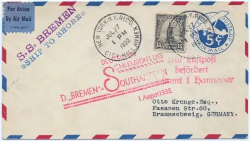 Katapult 1932 USA Ganzsache ZuF New York Deutschland Catapult H 96 a / 1097