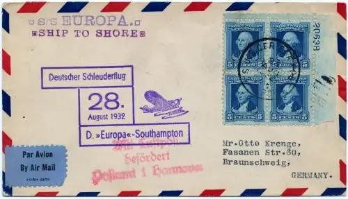 Katapult 1932 USA Brief Seepost Block/4 Ecke Deutschland Catapult H 103 b / 1100