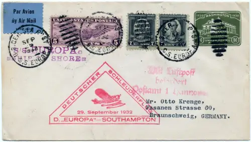 Katapult 1932 USA Ganzsache mit ZuF Seepost Deutschland Catapult H 111 b / 1103