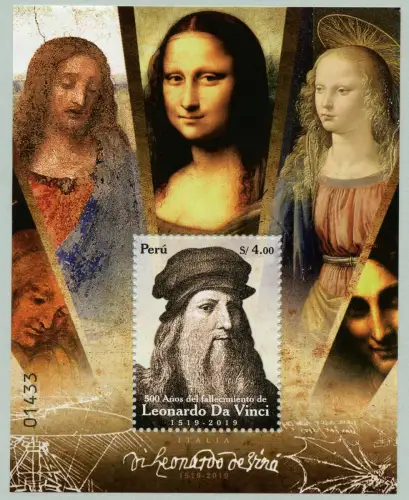 Peru 2019 Leonardo da Vinci Mona Lisa Gemälde Das letzte Abendmahl Block MNH