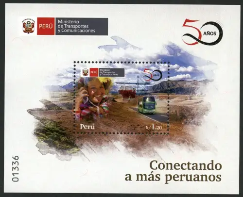 Peru 2020 Transportministerium Bus Frachtschiff Ladekran Telefon Block MNH