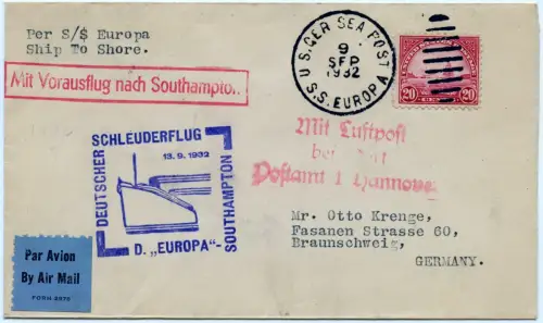 Katapult 1932 USA Brief Dampfer Europa Seepost Braunschweig H 107 b Catapult/910