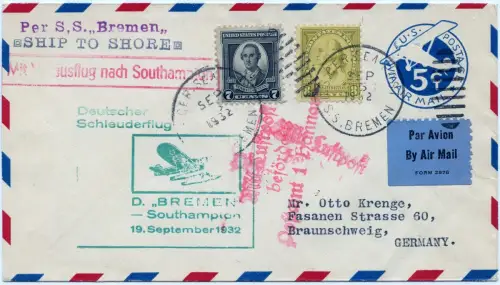 Katapult 1932 USA Ganzsache mit ZuF Seepost Deutschland Catapult H 108 b / 1105