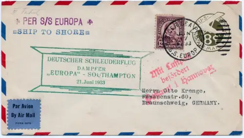 Katapult 1933 USA Ganzsache mit ZuF Seepost Deutschland Catapult H 122 b / 1106