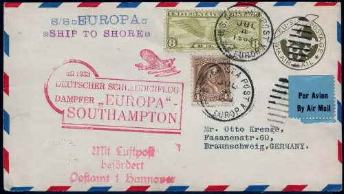 Katapult 1933 USA Ganzsache mit ZuF Seepost Deutschland Catapult H 126 b / 1108