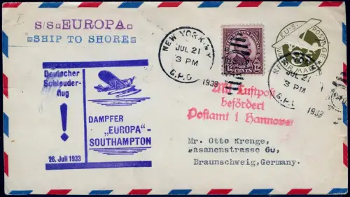 Katapult 1933 USA Ganzsache mit ZuF Landpost Deutschland Catapult H 131 a / 1110